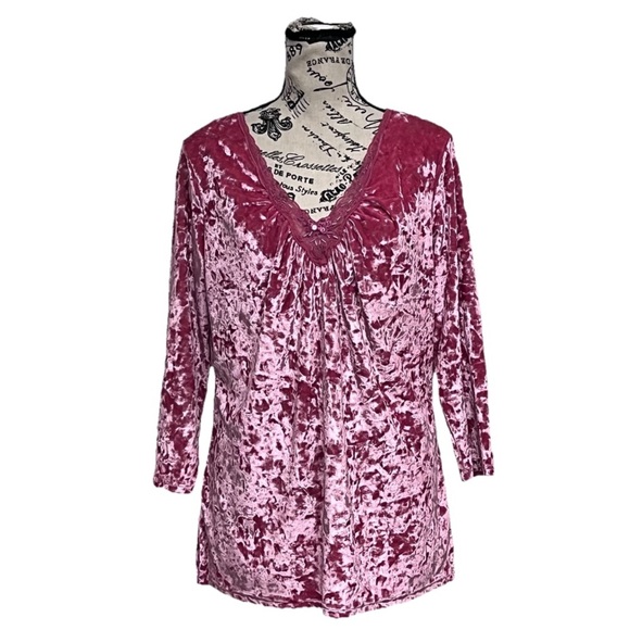 Y2K Faded Glory Pink Crushed Velvet Tunic L | Fairycore Lagenlook 90s Velvet Top - Picture 2 of 11